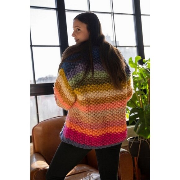 💕SAACHI💕 Mayflower Rainbow Stripe Cardigan ~ Hand Knit Multi-Color Medium - Picture 9 of 16